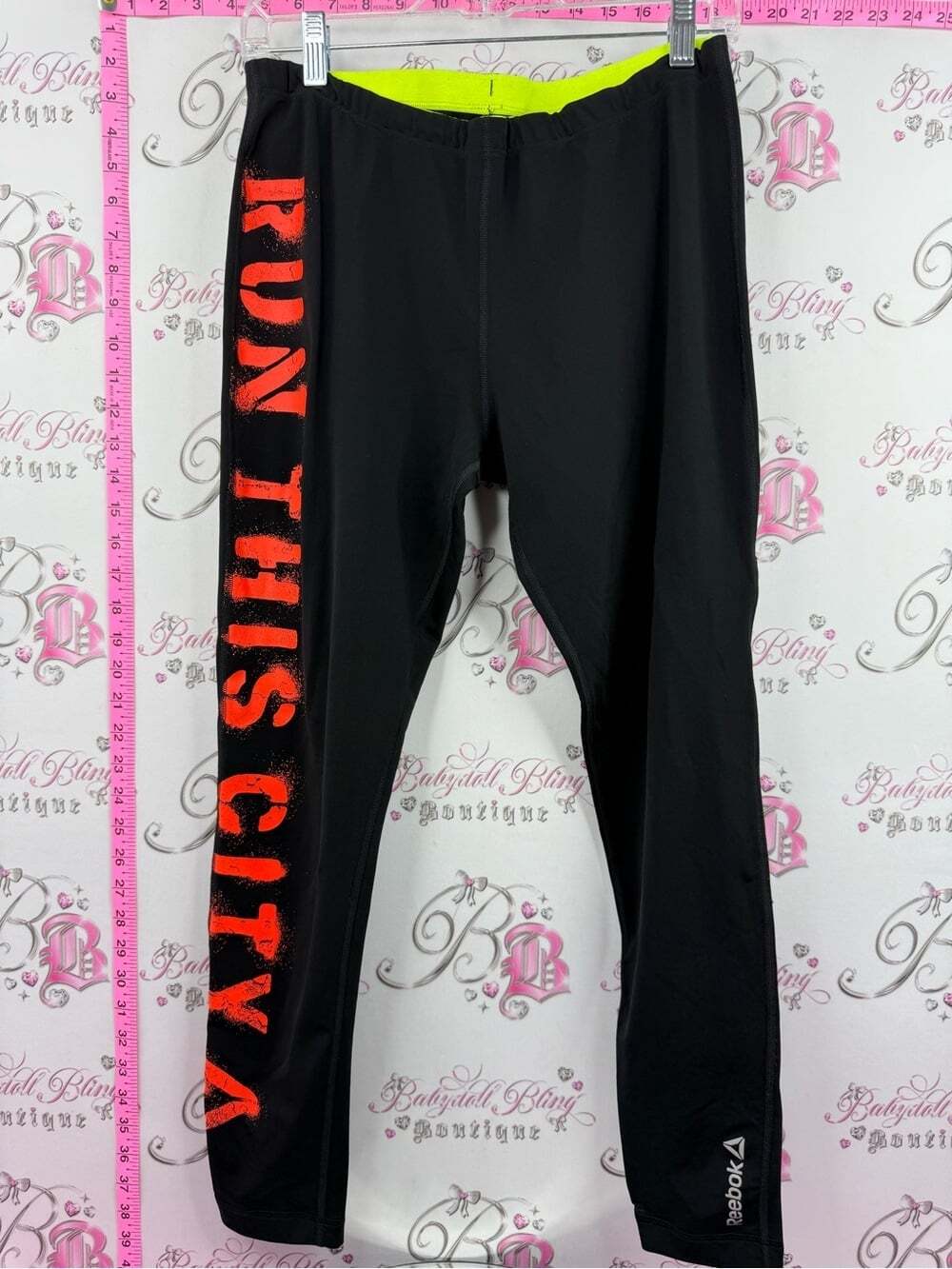 Reebok tights Black Athletic Leggings with Neon Yellow Waistband Red Graphic